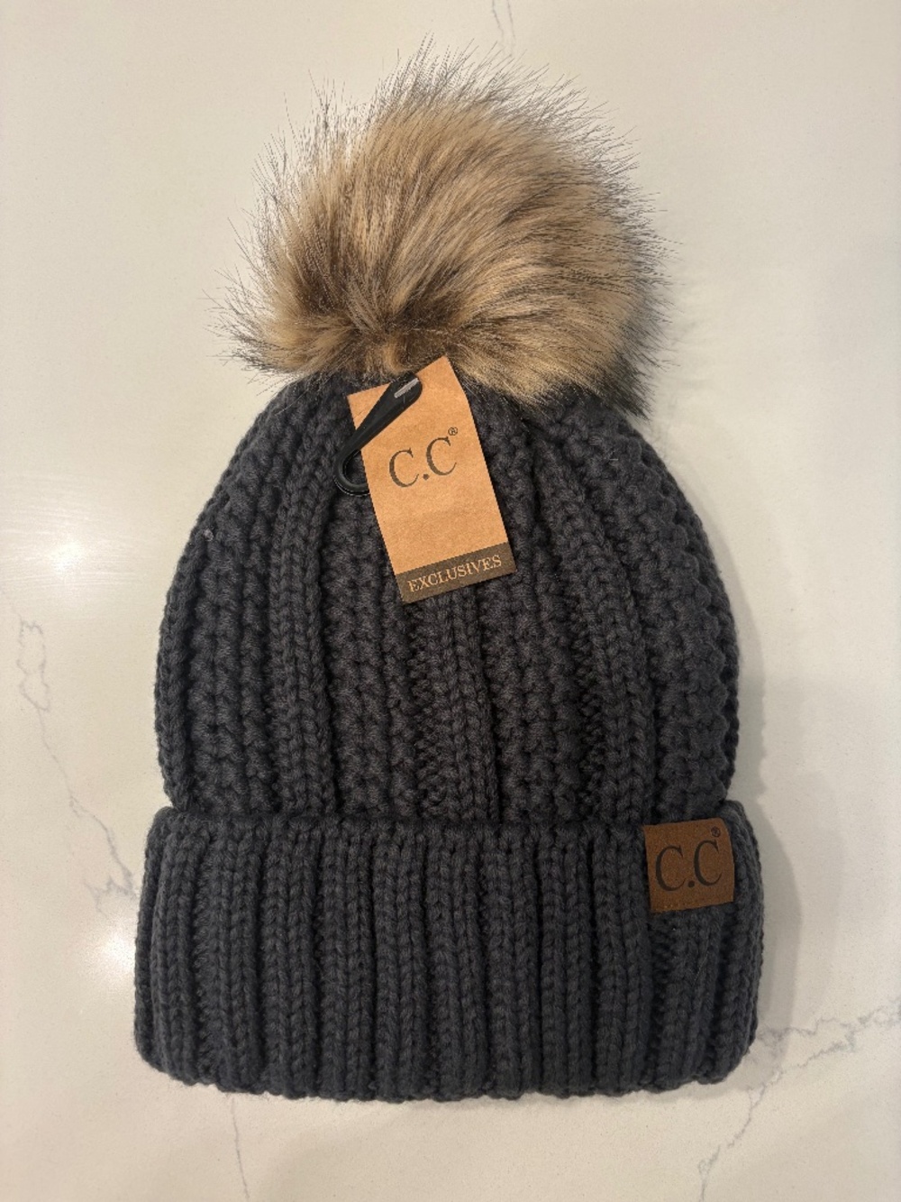 CC Dark Melange Grey  Fuzzy Lined Beanie With Faux Fur Pom